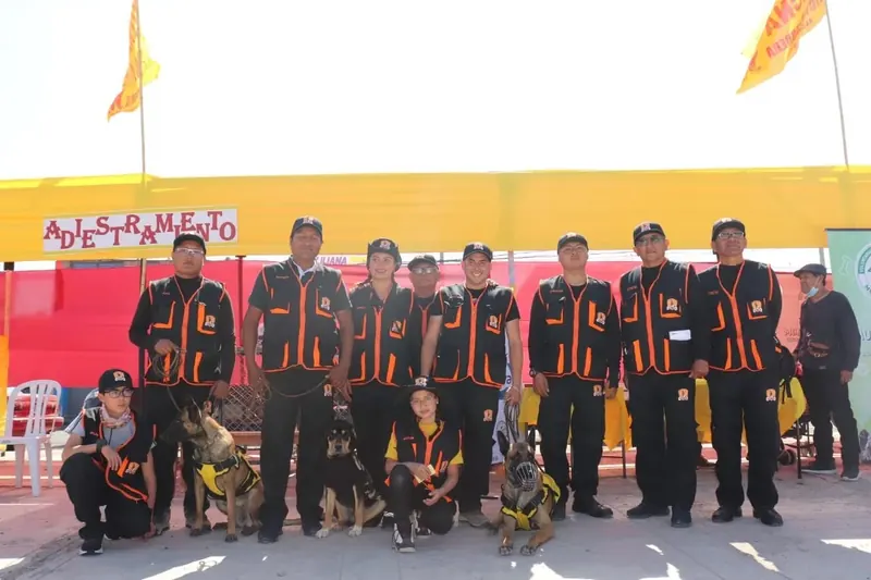 Equipo de instructores de Club Canniland con chalecos naranjas y sus perros en un evento de adiestramiento